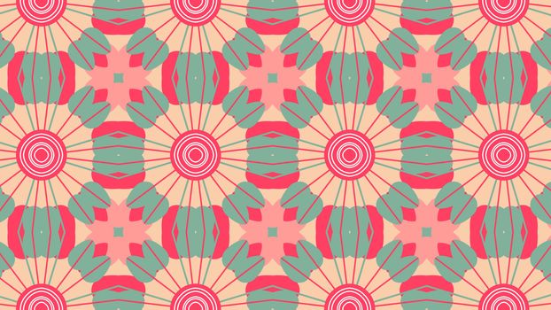 Magnificent 3d illustration of red and grey tulips shaping kaleidoscope patterns in the pink background. They look beautiful, childish and cheerful.