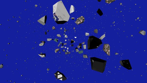 Spellbinding 3d rendering of black and grey asteroid stones circling and flying towards tiny stars in the blue universe. It looks impressive and dramatic.