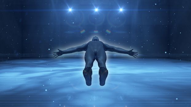 Futuristic 3d illustration of a soaring astronauts flying and meditating over the Earth clouds in blue sky with three big stars in the open space.