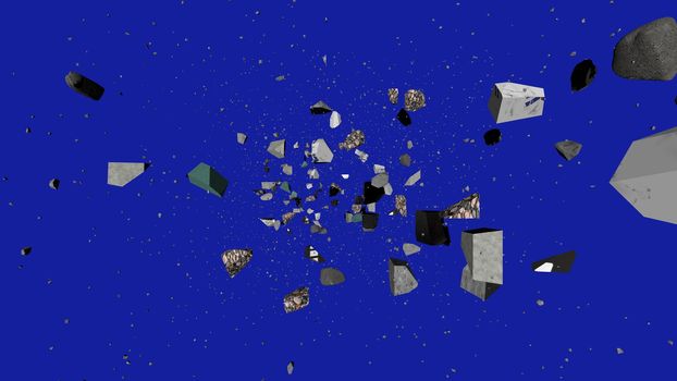 Stunning 3d illustration of black and grey rubbish circling and flying towards shining stars in the blue universe. It looks original and arty.