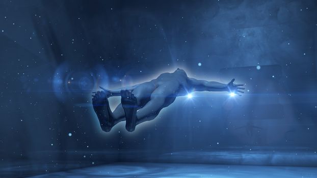 Arty 3d rendering of a flying horizontally spaceman who keeps hands aside and looks up being over the Earth clouds in blue sky with bright big stars.