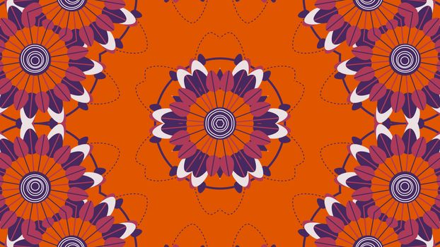 Amusing 3d illustration of white and violet tulips shaping seven symmetric rounds in the orange background. They look optimistic, cheerful and nice.