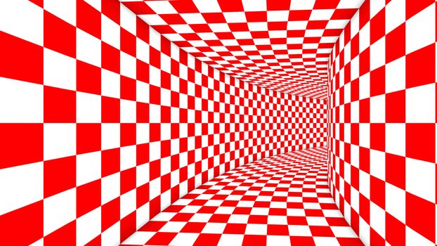 Festive 3d illustration of red and white psychedelic illusion squares making a curvy cubic time portal tunnel. It creates cheerful, exciting and jolly mood.