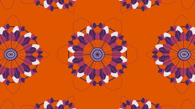Lovely 3d illustration of white and violet tulips forming three symmetric and round circles in the orange background. They look cheery, fine and arty.