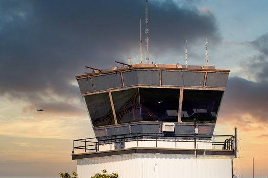 A airport control tower in a small regional airfield