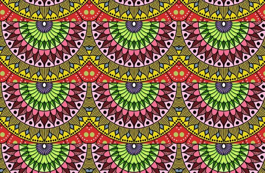 Colorful floral ethnic mandala pattern in patchwork boho chic style in yellow and red colors, in portuguese and moroccan motive