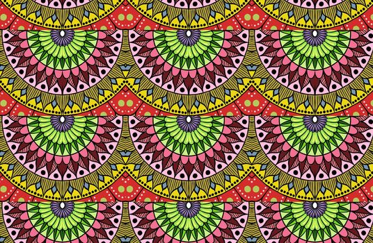 Colorful floral ethnic mandala pattern in patchwork boho chic style in yellow and red colors, in portuguese and moroccan motive