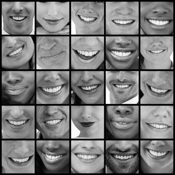 Collage of various pictures of people smiling in black and white