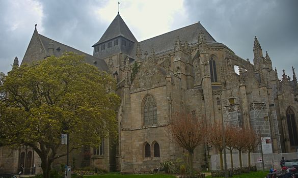 Huge old medieval stone catholic church in Dinan, France