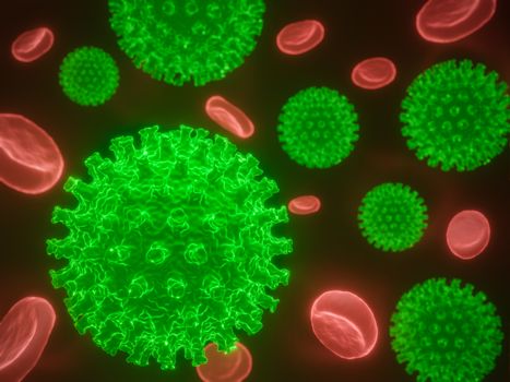 Coronavirus cells in human body. Respiratory virus in microscopic view. illustration of 3D render. Closeup and copy space. Concept of health care.