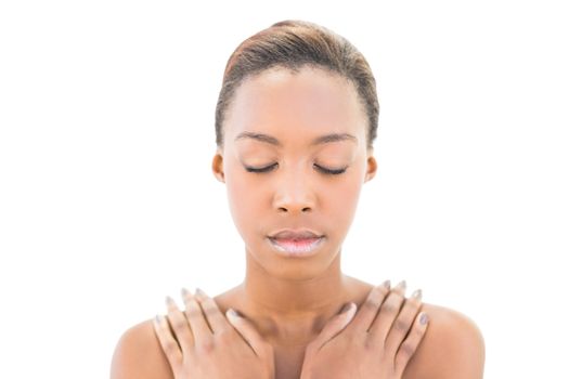 Natural beauty with hands on shoulders on white background