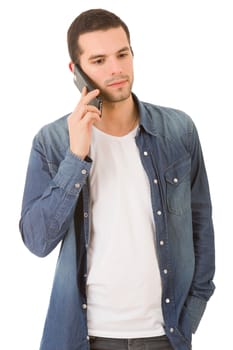 young casual happy man with a phone, isolated