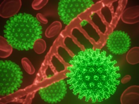 Coronavirus cells in human body. Respiratory virus in microscopic view. illustration of 3D render. Closeup and copy space. Concept of health care.