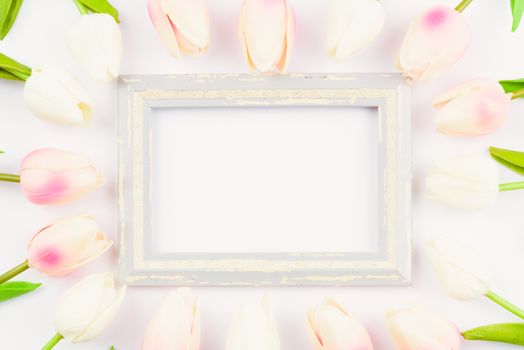 Happy Women's Day, Mother's Day and Valentine's Day concept. top view flat lay Tulip flower and photo frame on white background, copy space for your text