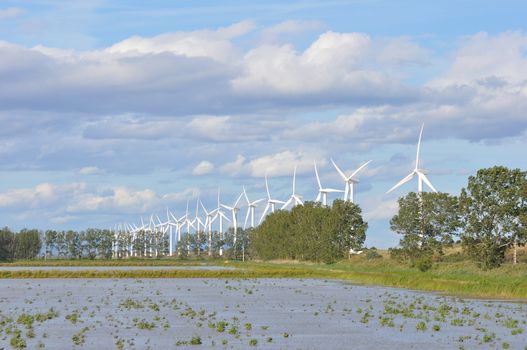 landscape filled with wind turbine in the Camargue, France. new energies