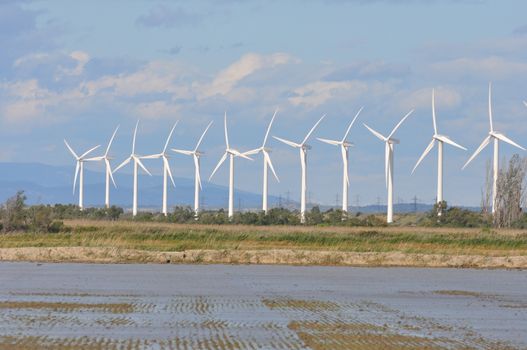 landscape filled with wind turbine in the Camargue, France. new energies