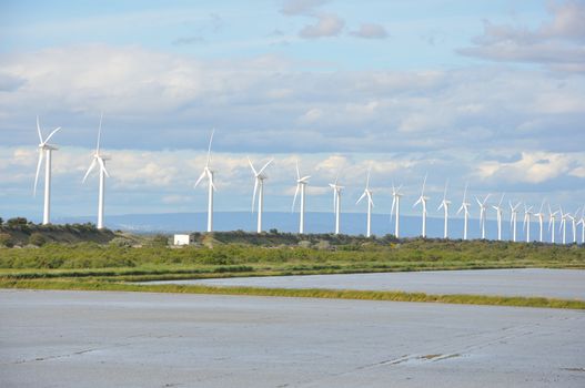 landscape filled with wind turbine in the Camargue, France. new energies