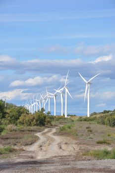 landscape filled with wind turbine in the Camargue, France. new energies