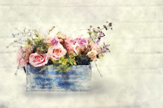 beautiful bouquet of roses in wooden box. Stylization in watercolor drawing