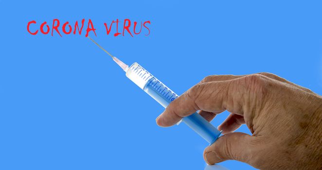 male hand with Coronavirus vaccine with injection syringe isolated on white background