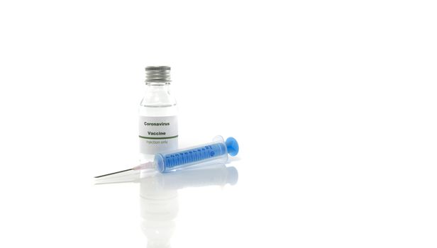 Coronavirus vaccine vial with injection syringe isolated on white background