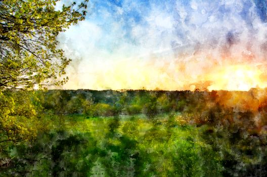 Colorful spring dawn, meadow, trees and sun. Stylization in watercolor drawing