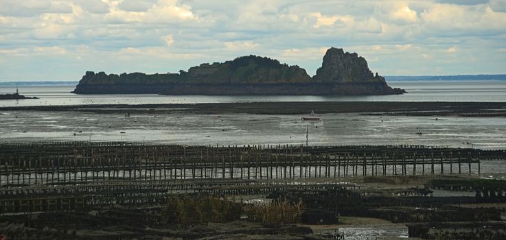 Oyster farm and small islet at Cancale, France