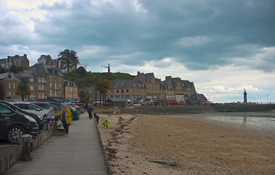 CANCALE, FRANCE - April 7th 2019 - View from boardwalk at Atlantic ocean shore and town