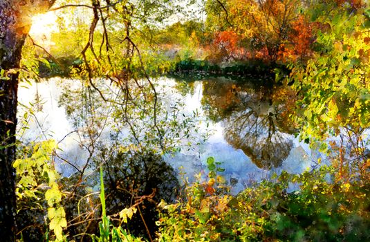 Colorful autumn sunset on the river with sun rays. Stylization in watercolor drawing.