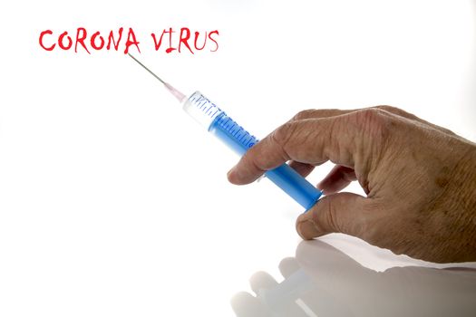 male hand with Coronavirus vaccine with injection syringe isolated on white background