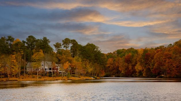 A nice home on a lakeshore in the autumn