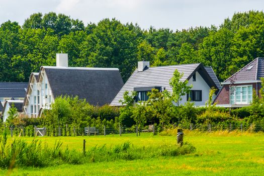 Modern rural houses with a grass pasture, typical dutch houses in Bergen op zoom, The Netherlands