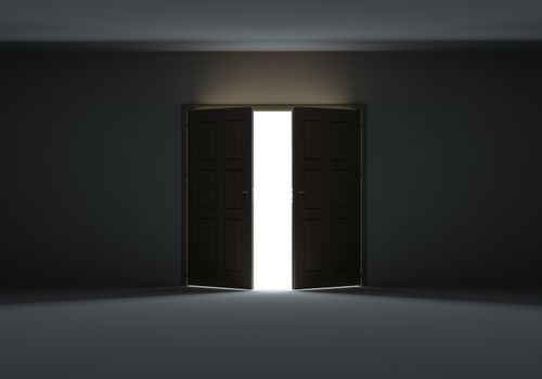 Doors opening to show bright light in the darkness. 3d illustration