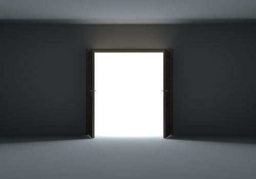 Doors opening to show bright light in the darkness. 3d illustration