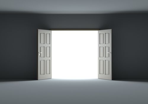 Doors opening to show bright light in the darkness. 3d illustration