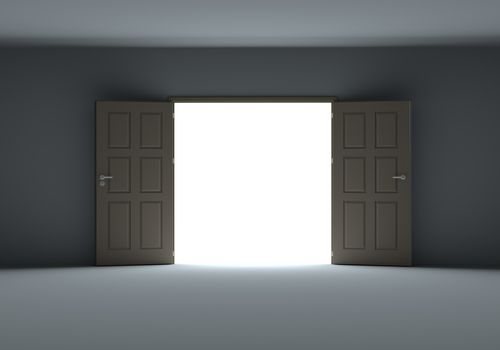 Doors opening to show bright light in the darkness. 3d illustration