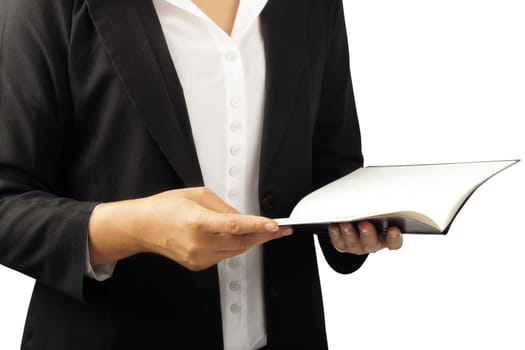 Young businesswoman in black suit holding a book isolated on white background, clipping path.