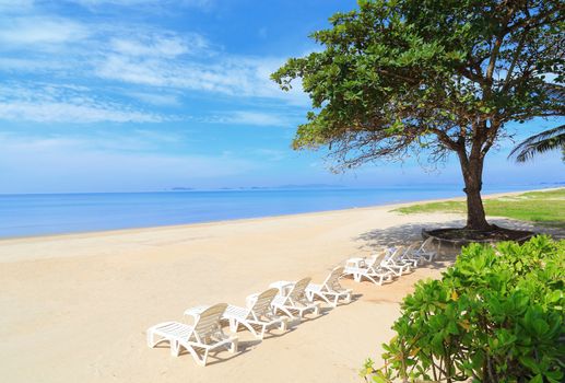 Beach chairs at tropical beach, Rayong Thailand