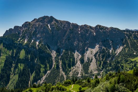 Fantastic hike in the Tannheim Mountains from the summit of Neunerkopfle over Landsberger hut to the beautiful Vilsalpsee.