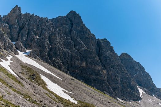 Fantastic hike in the Tannheim Mountains from the summit of Neunerkopfle over Landsberger hut to the beautiful Vilsalpsee.