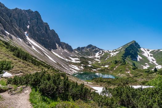 Fantastic hike in the Tannheim Mountains from the summit of Neunerkopfle over Landsberger hut to the beautiful Vilsalpsee.