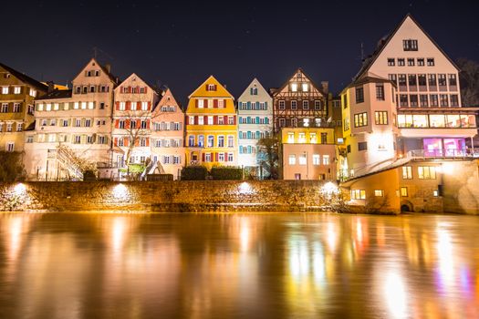 Long-term shots of the wonderful nightlife in the historic old town of Tubingen near the famous Neckar bridge