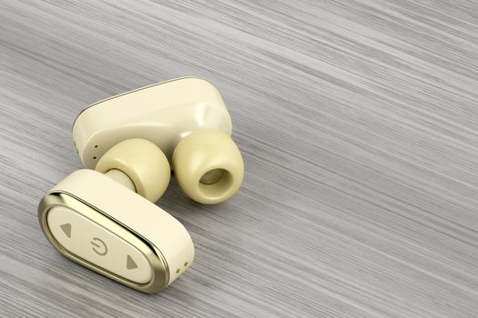 Wireless in-ear earphones on wood table, 3D illustration