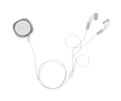 Silver music player and wired earphones on white background