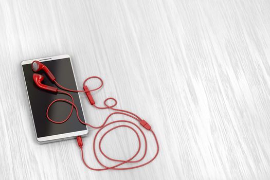 Smartphone and red wired earphones on wood table