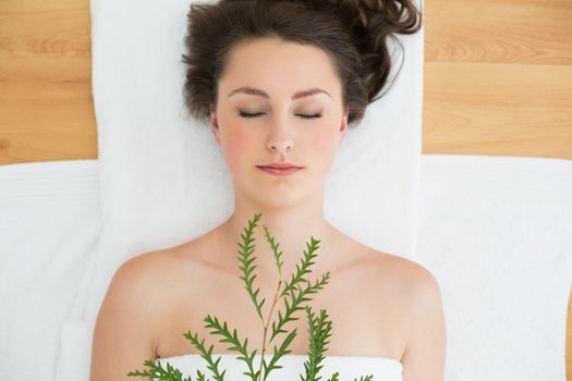 Overhead view of a young brunette lying with leaves on massage table in beauty salon
