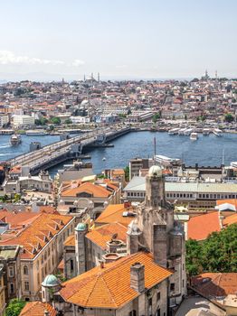 Istambul, Turkey – 07.13.2019. Top view of Eminonu district of Istanbul and Galata bridge in Turkey at summer day