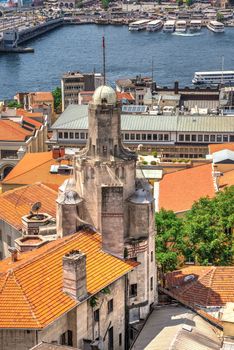 Istambul, Turkey – 07.13.2019. Top view of old house and Galata bridge in Turkey on a summer day