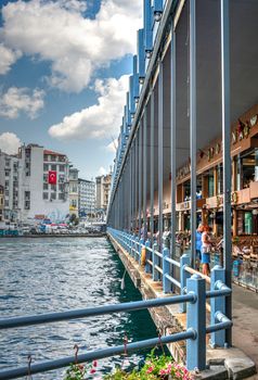 Istambul, Turkey – 07.13.2019. Shops and restaurants on the Galata bridge in Turkey on a summer day