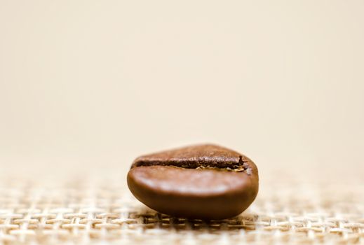 one grain of coffee on a matting macro beige background close up